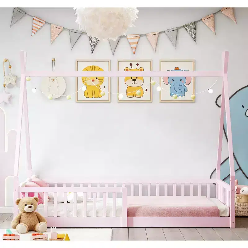 Bellemave Twin Size Tent Floor Bed Frame with Fence Guardrails, Wooden House Bed for Playroom & Bedroom.