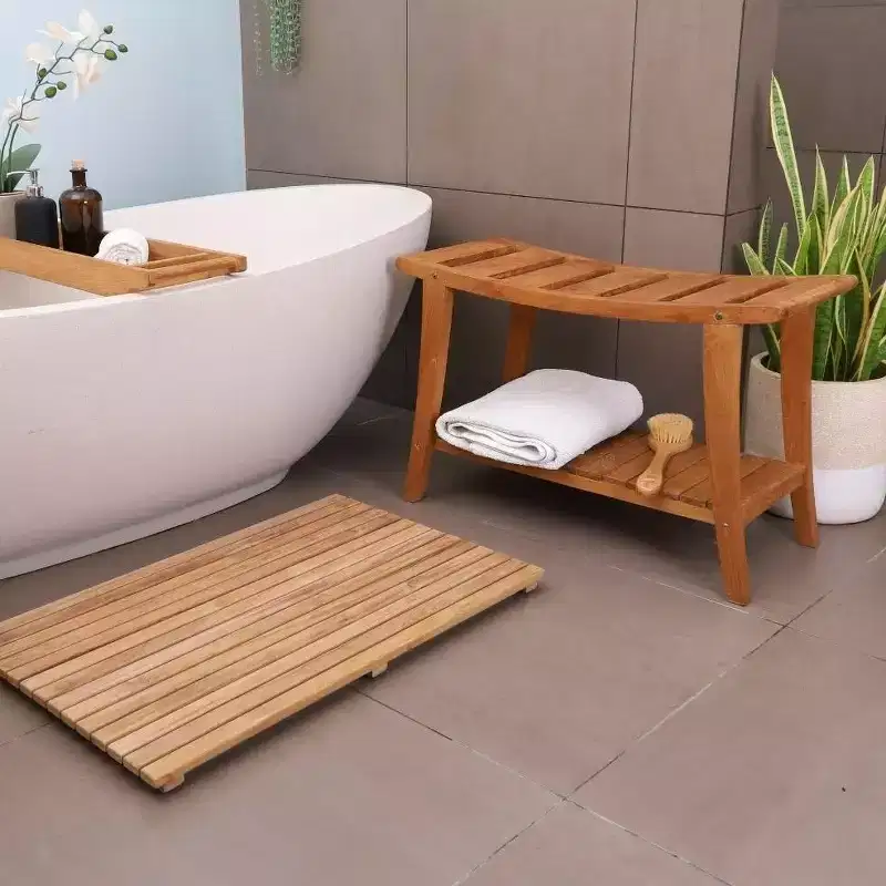 30 in Asian Style Solid Teak Shower Bench with Shelf | Beige | Indoor & Outdoor