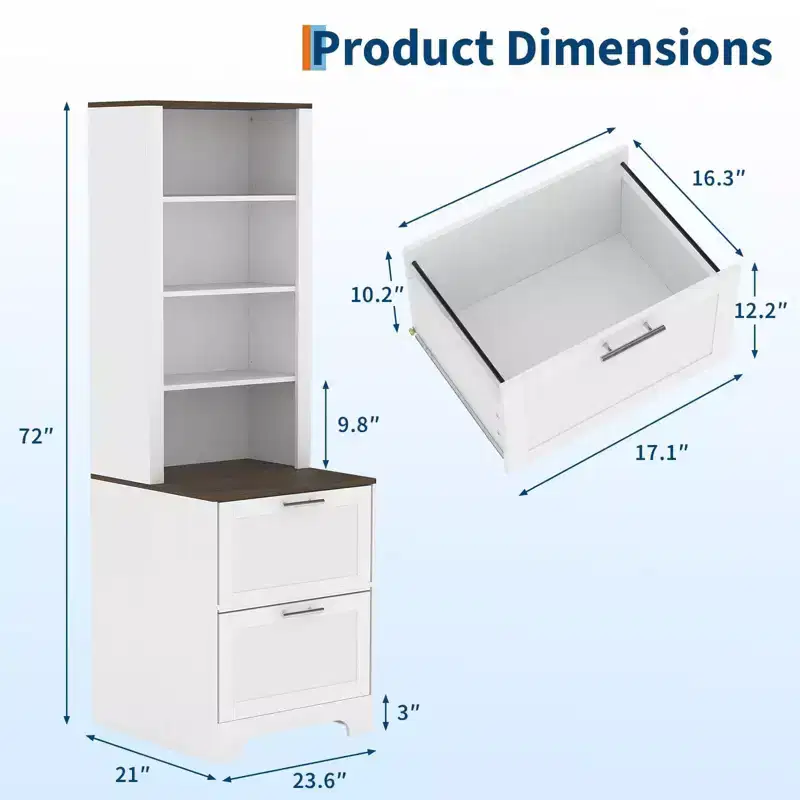 72-Inch Tall Bookcase with 2 File Drawers and Adjustable Shelves, Farmhouse Storage Cabinet