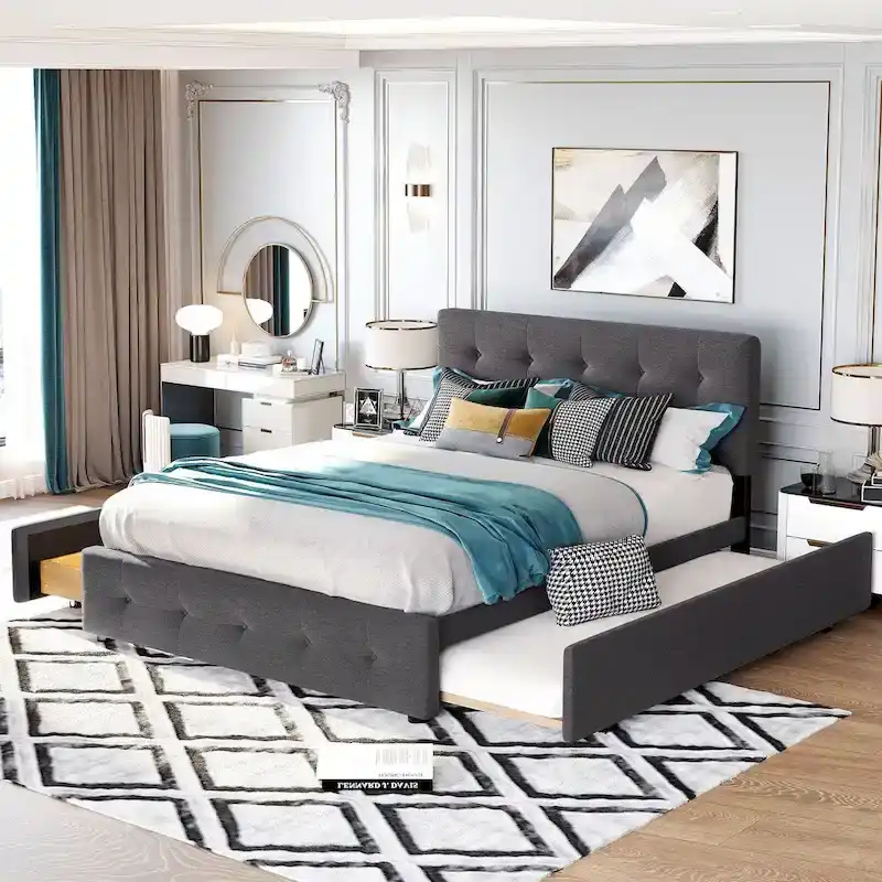 Dark Grey / Light Grey / Beige Upholstered Queen Platform Bed with Trundle, Sleeps 2