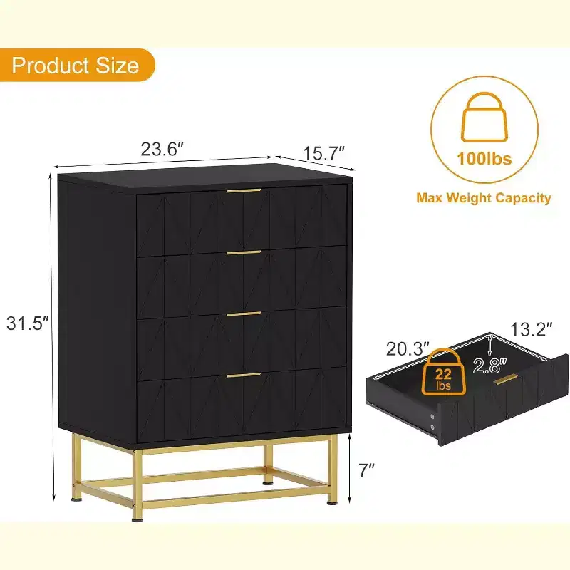Acekool 4 Drawer Sideboard, Modern Storage Cabinet with Gold Legs for Bedroom, Living Room, 60x40x80cm