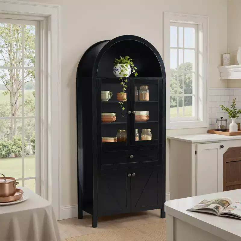 71.65" Vintage Arch Kitchen Pantry Cabinet with Adjustable Shelves