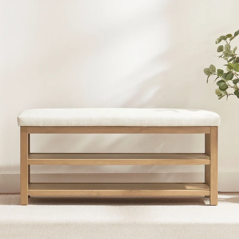 HUIMO Multi-Functional Solid Wood Bench with Storage Shelves 46in