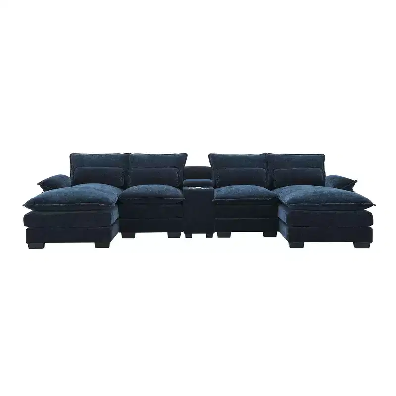123W Modern U-Shaped Sofa with Console, Cup holders and USB Ports, 6-seat Upholstered Couch Set with Chaise - ModernLuxe