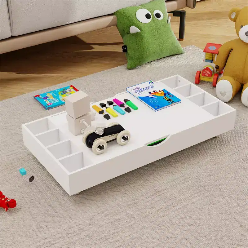 The 2 in 1 Rollaway Play Table and Toy Organizer Compatible with Lego Suitable for Storing Under Bed or Sofa-White (38 x 18.7 x 5.9)