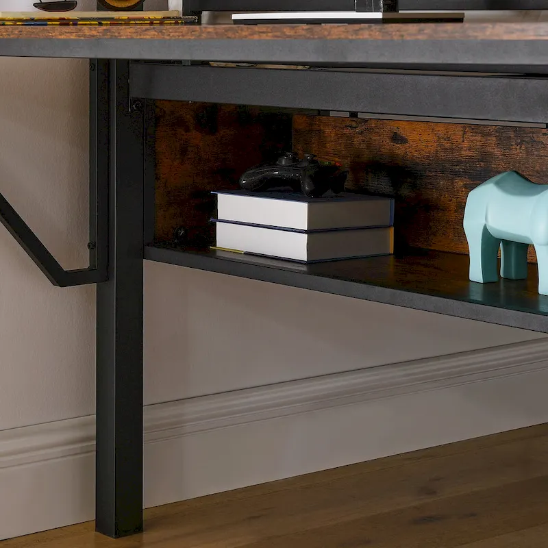 Full Size Metal Loft Bed with Rectangular Desk, LED Lights and Storage, Black+Brown