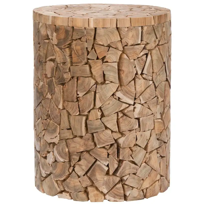 Reclaimed Teak Wood Round Stool Medium Oak Mosaic Chip Side Table