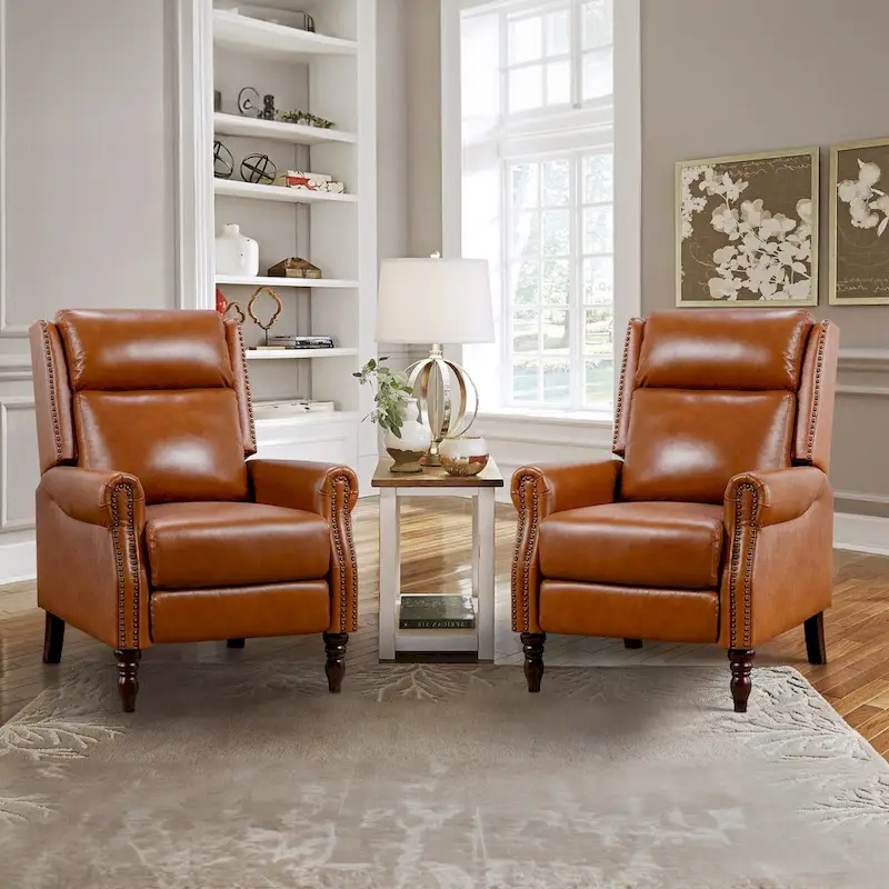 COZYMAN Mid-century Genuine Leather Recliner Push Back Adjustable Recliner Chairs with Comfortable Arms Set of 2