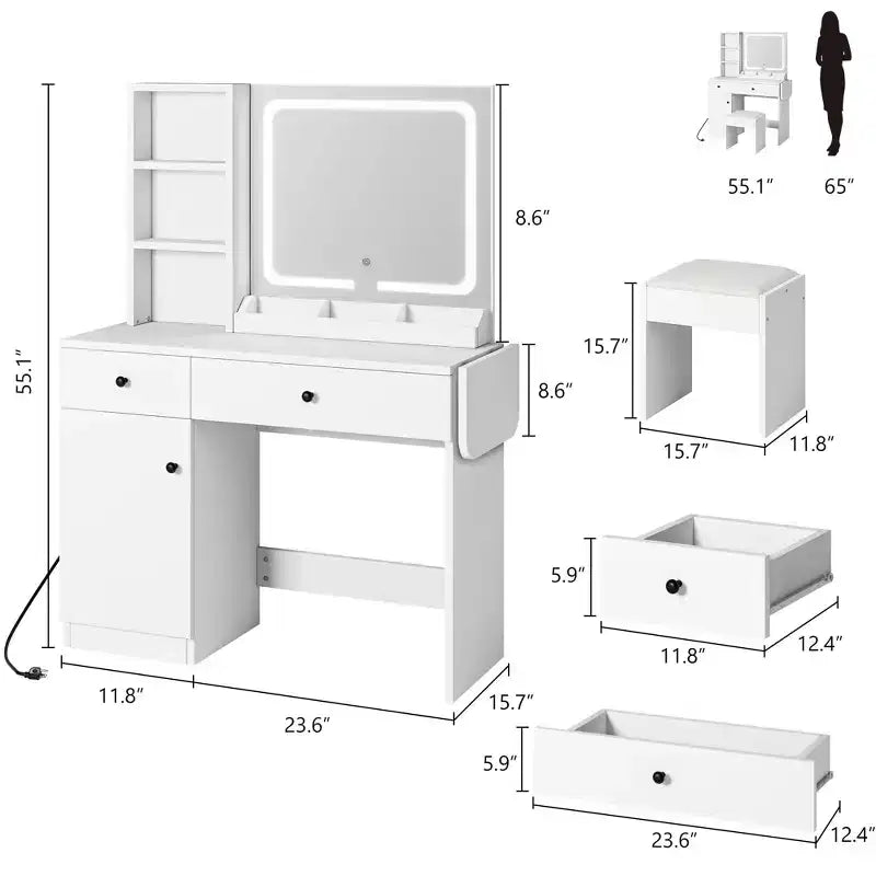 Makeup Vanity Desk with Mirror and Lights, Vanity Desk Set with Outlet & Drawers & Open Shelf & Storage Cabinet, Vanity Table Set for Bedroom