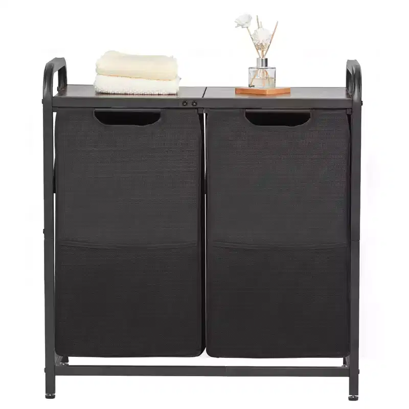 2-Section Laundry Sorter Large Hamper Metal Frame Wooden Tabletop Black