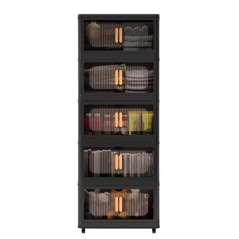 5 Tiers Plastic Folding Storage Cabinets with Magnetic Doors Wheels, Closet Organizers and Storage Containers Black for Small Space
