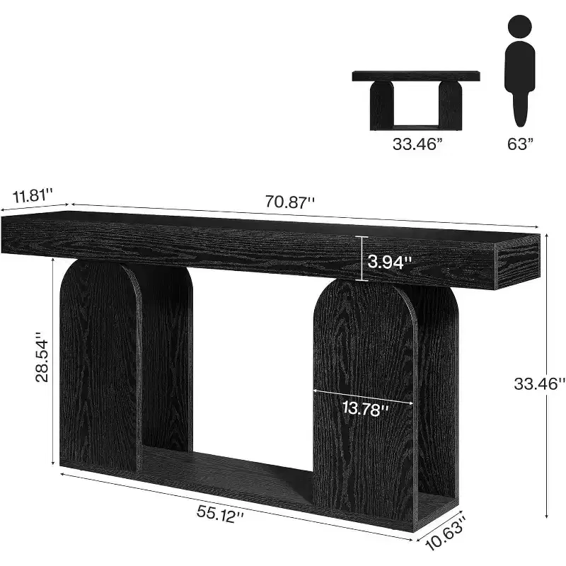 Lantine 70.9-Inch Farmhouse Extra Long Sofa Table with Wood Frame and 2-Tier Storage Shelf, Ideal for Living Room, Hallway, Foyer, Black.