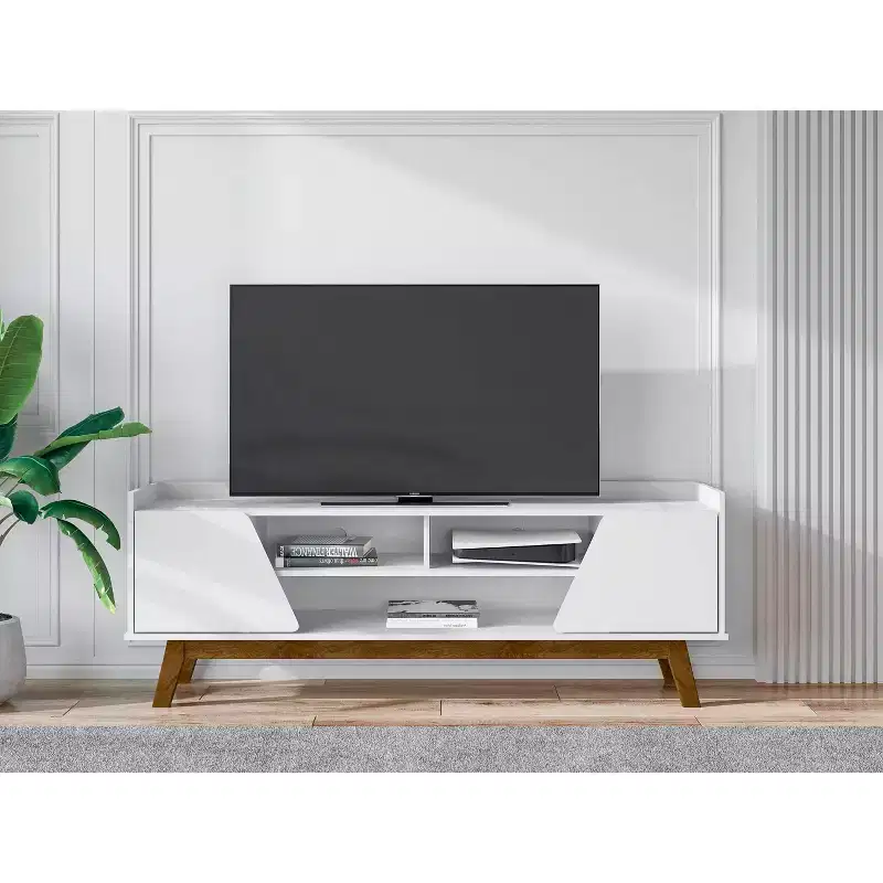 Marcus Mid-Century Modern 5 Shelf TV Stand for TVs up to 65" White - Manhattan Comfort: Solid Pine Legs, Soft-Close Doors