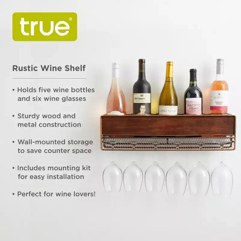 Wall Mounted Wine Shelf & Stemware Rack, Wood