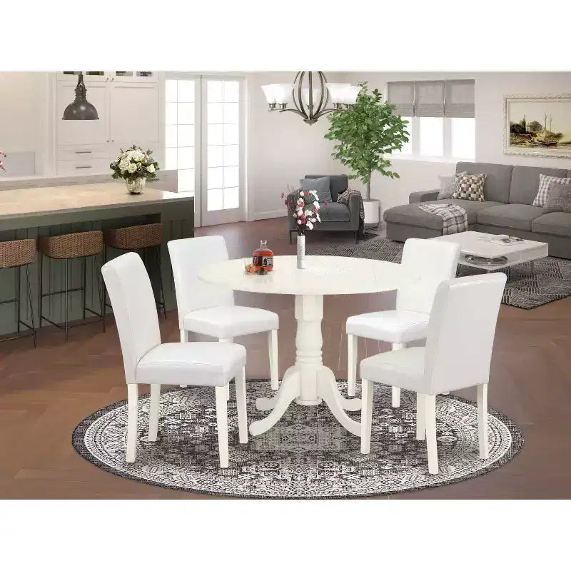 Round Kitchen Table Set 5pc 42 Table w/ Drop Leaves & 4 Parsons Chairs - White PU Leather