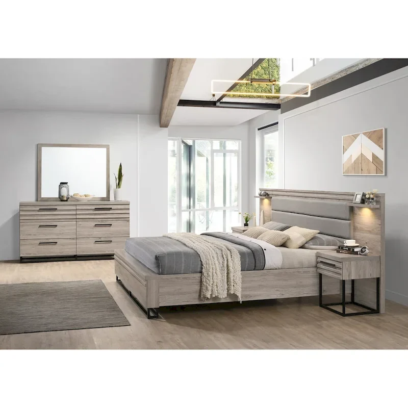Roundhill Furniture Alvear Wallbed Bed with White LED Lights, Dresser, Mirror, and 2 Nightstands, Weathered Gray