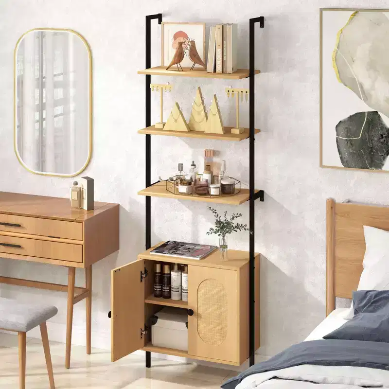 Costway 1/2 PCS Ladder Bookshelf with Rattan Cabinet 71 Tall Wall Mounted Bookcase Natural