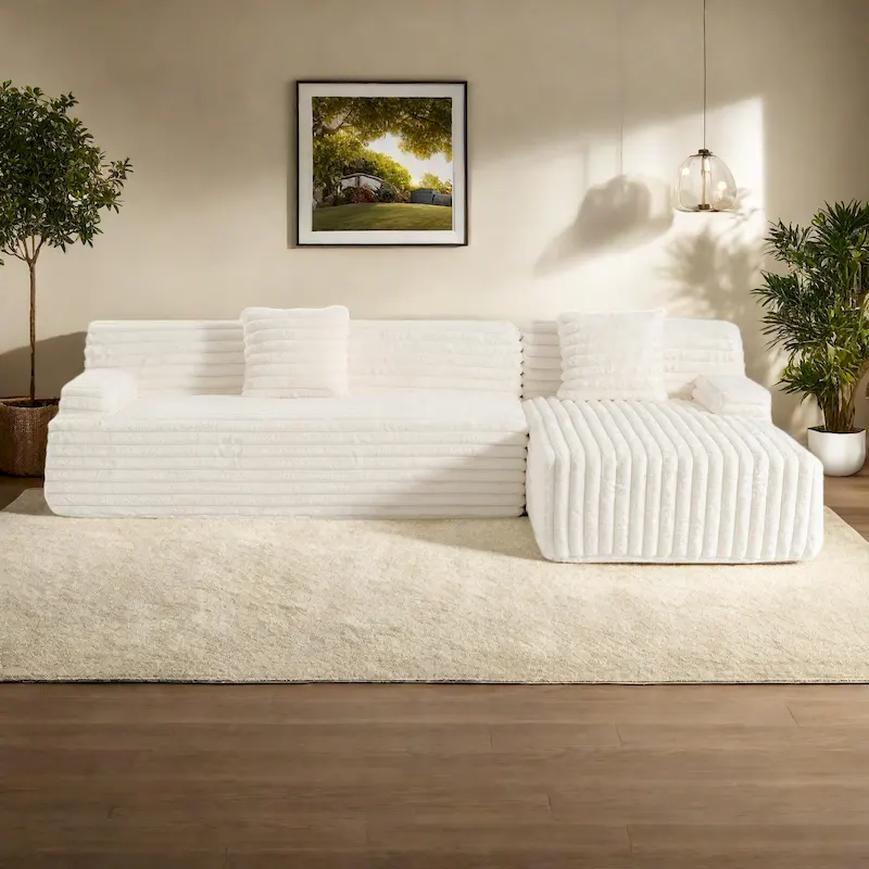 110 Faux Fur Cloud 3-Seater sat L-Shaped Sectional Sofa with Two Included Throw Pillows