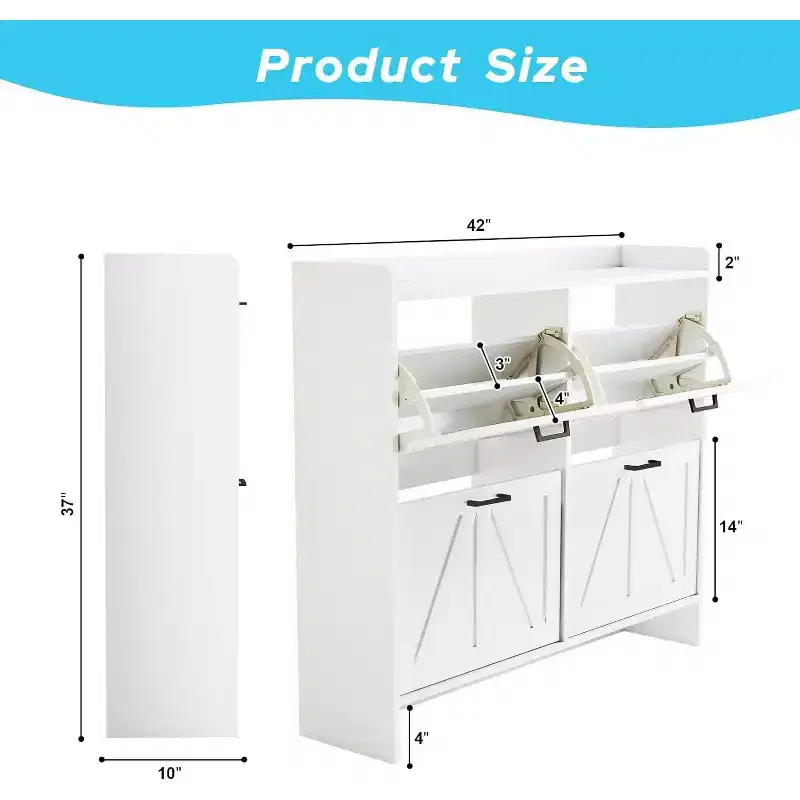 White Shoe Cabinet with 4 Flip Drawers and Adjustable Shelf