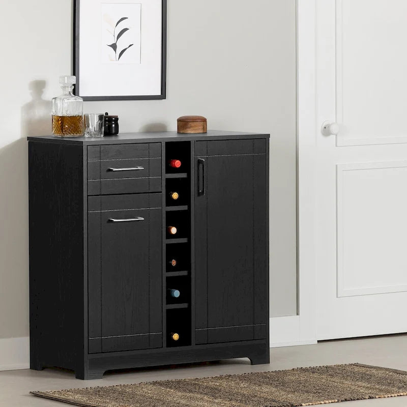 Bar Cabinet – Black Oak / Gray Maple / Weathered Oak / Natural Walnut, Bottle & Glass Storage, Vinyl Top Tray