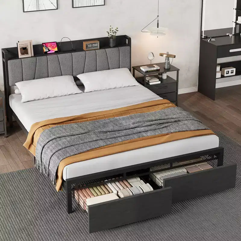 Queen Size Bed Frame with Storage Headboard and Charging Station