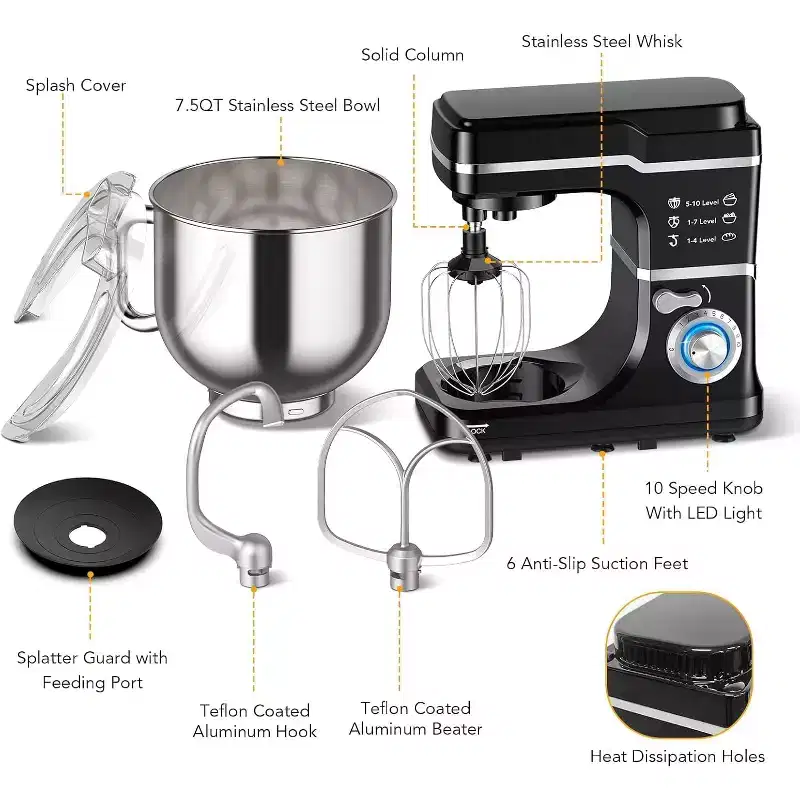 GustoWave 7.5 Qt Electric Stand Mixer, 10 Speed Food Mixer for Kitchen