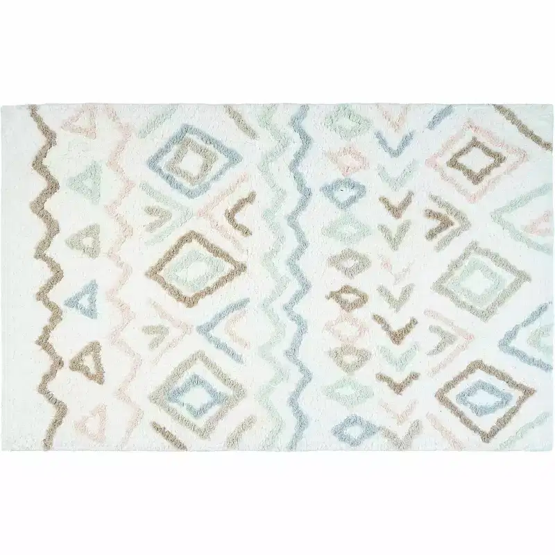 HomeRoots 32 Blue Brown And White Cotton Geometric Bath Rug