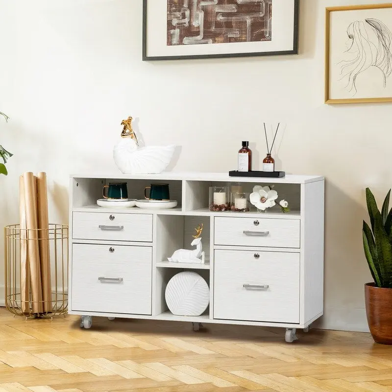 4-Drawer Wood Mobile File Cabinet, Lockable Rolling with Shelves