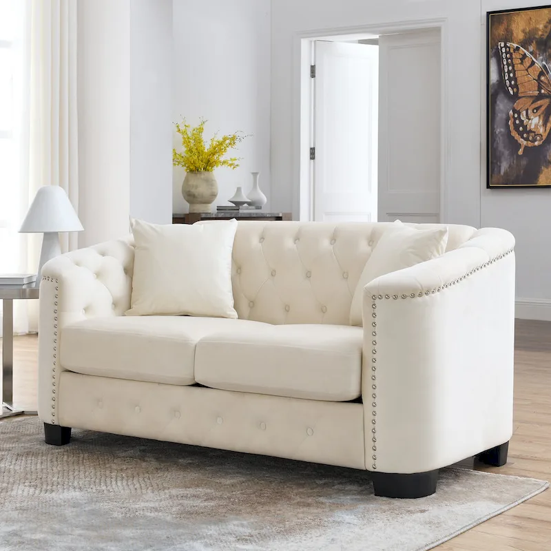 59-Inch Chesterfield Velvet Sofa �� 2-Seater with Tufted Back and Nailhead Arms
