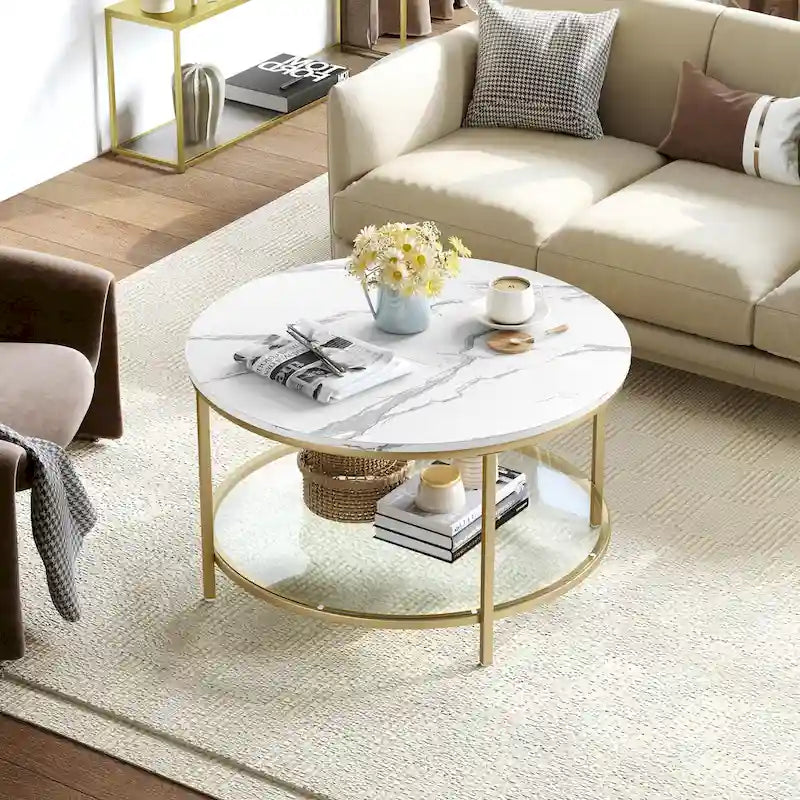 White Marble Pattern Round Coffee Table with Glass 2-Tier Circle Gold Frame