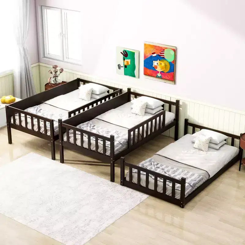 Bellemave Twin Size Triple Bunk Bed with LaddersFull Length GuardrailsRubber Wood Detachable Bunk Beds with Space Saving Design