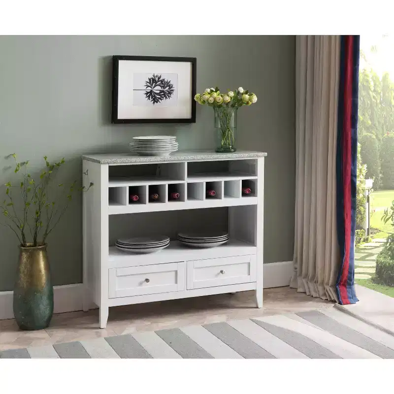 Kings Brand Furniture White With Marble Finish Buffet Display Console Table With Wine Storage