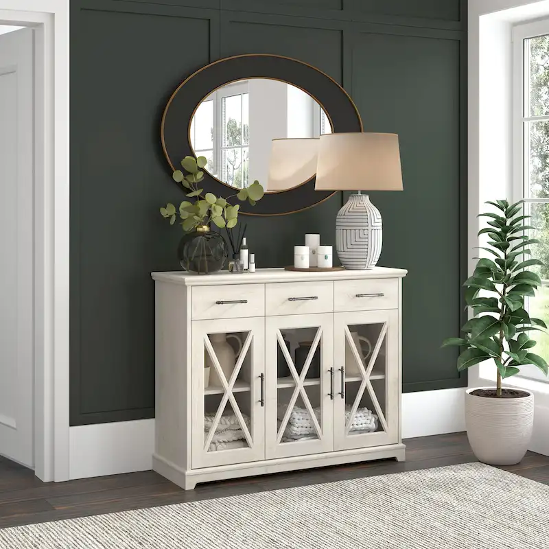 Farmhouse Sideboard Buffet Cabinet with Glass Doors & 3 Drawers 46 inch