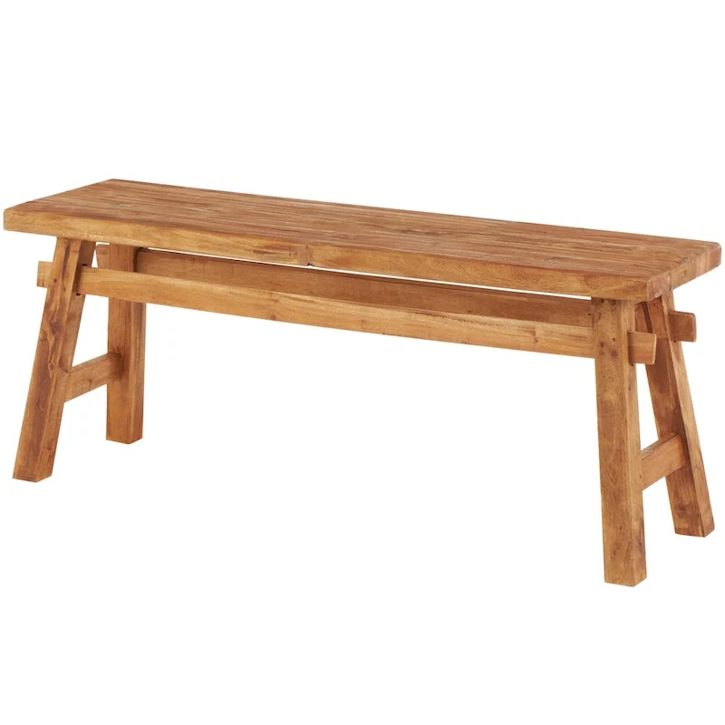 Reclaimed Wood Handmade Distressed Bench with High Trestle Legs - Brown - Roche River Decor - 14Wx47Lx19H