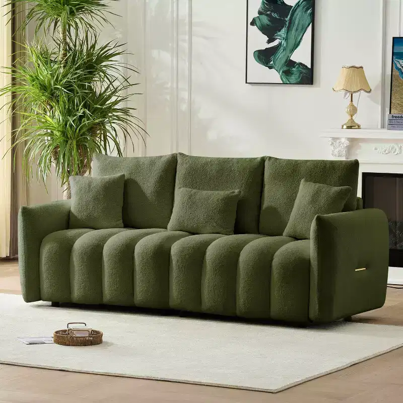 MAYEERTY 78 inch Premium Teddy Fabric Sofa with 3 Back Pillows and 3 Back Cushions Solid Wood Frame 3 Seat Sofa with Oversized Upholstered Chair Green