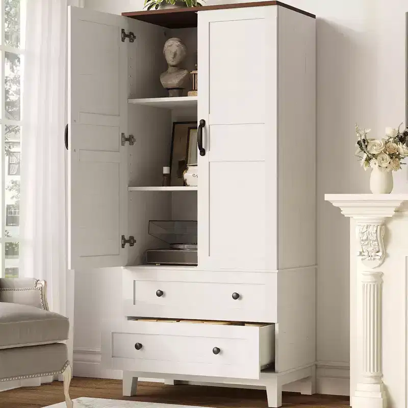 65 Tall Storage Cabinet with Adjustable Shelves, Farmhouse Wooden Pantry w/ 2 Doors & 2 Drawers, Freestanding Bookcases for Dining Room, Living Room