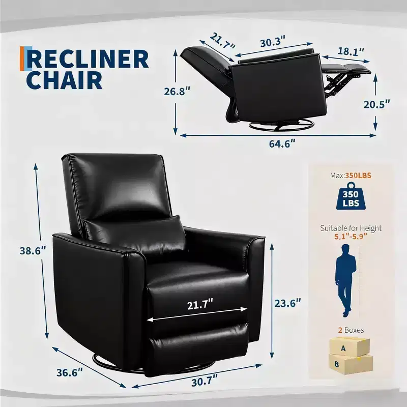 Recliner Chair, 360 Swivel Rocker Glider Nursery Chair with Padded Armrest and Deep Seat, PU Leather Upholstered Reclining Sofa Chair