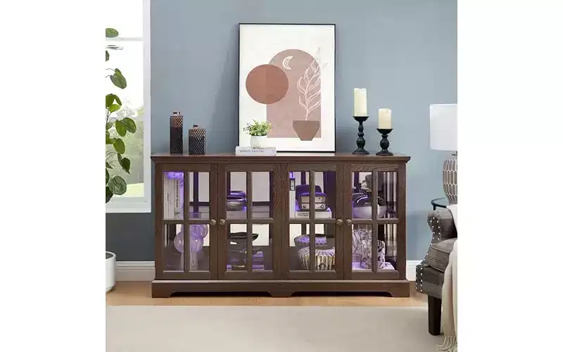 Curio Cabinet, Lighted Glass Display Cabinet w/ 4 Glass Doors & Adjustable Shelves, Lighted Showcase with Light Strip, TV Stand