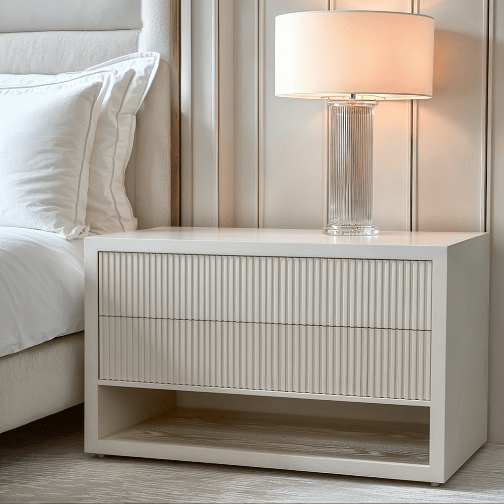 White Ribbed XL Double Width Bedside Table