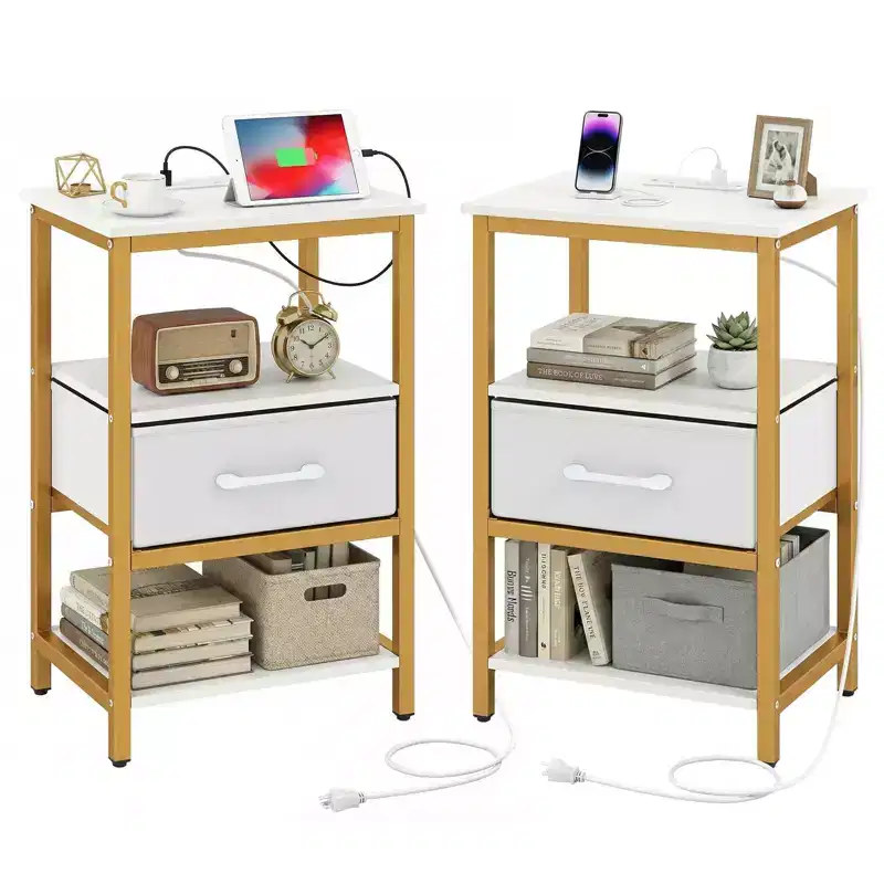 Costway Nightstand w/Charging Station Set of 2 w/Fabric Drawer & Open Storage Shelves