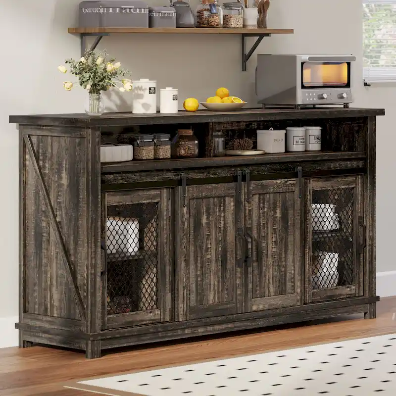 Moasis 63 W Farmhouse Sideboard Buffet Cabinet with 2 Sliding Barn Doors & 2 Visual Grid Doors
