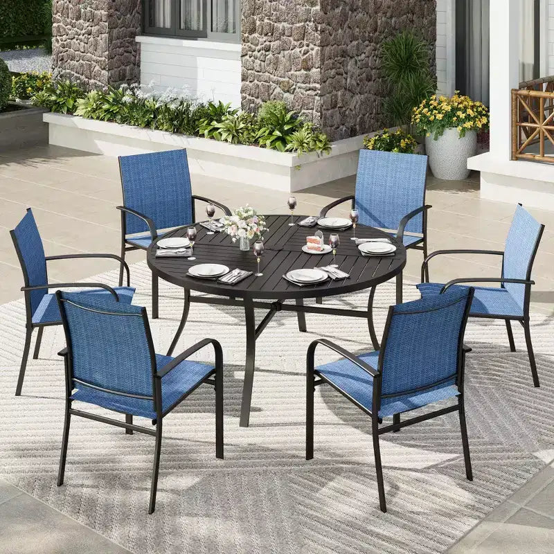 Captiva Designs 7pc Black Round Slatted Steel Table with Umbrella Hole & Textilene Chairs