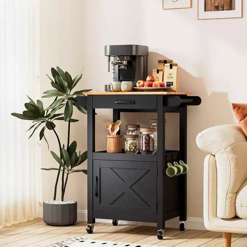 VINGLI Rolling Kitchen Cart with Storage Cabinet & Drawer, Compact Kitchen Island on Swivel Wheels, Small Kitchen Cart with Side Hooks & Towel Rods