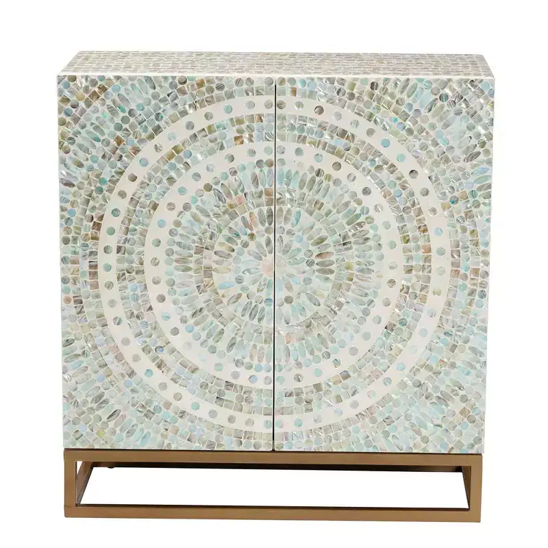 Quintus Mother of Pearl and Metal Storage Cabinet Mosaic/White/Gold: Elegant Accent, Fixed Shelves, No Assembly Required