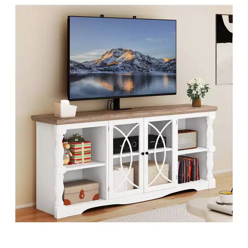TV Stand with Mount & Power Outlets for 32-70 Inch TV, Farmhouse Entertainment Center with Height Adjustable for Living Room, Washed Grey & White