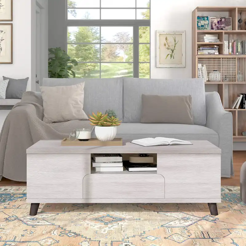 47 Mid-Century Modern Coffee Table with Shelves & Drawer