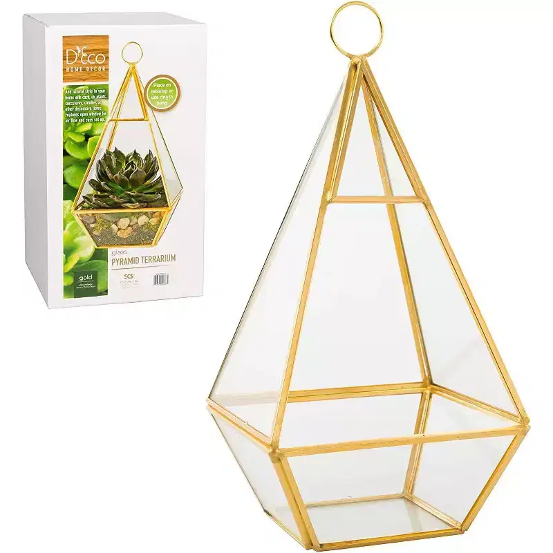 D'Eco Hanging Glass Pyramid Plant Terrarium - Indoor Tabletop Gold Geometric Planter Terrarium for Succulents, Air Plants, Moss - Home & Office Decor