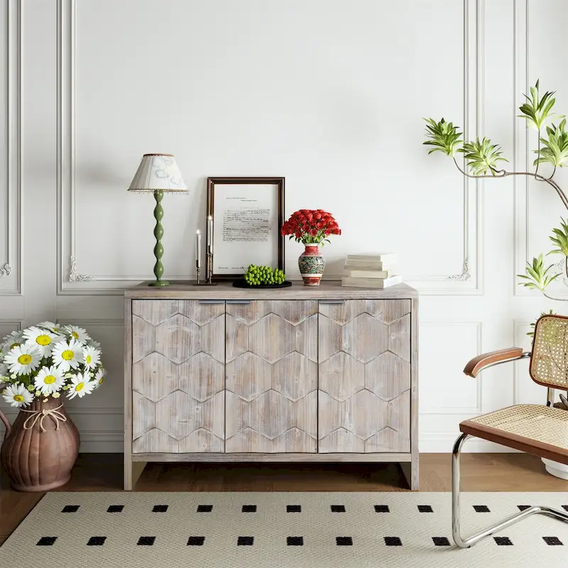 Farmhouse Style 3 Door Wooden Buffet Server Storage Cabinet
