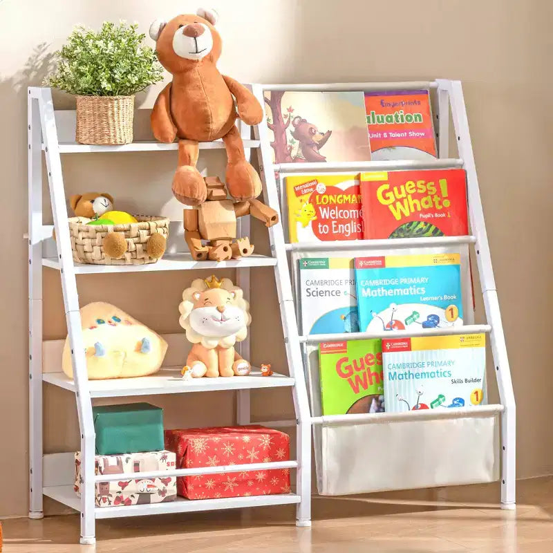 MAYEERTY 4 Tier Wooden Bookshelf and Toy Storage with Three Layer Sling Bookcase for Living Room White