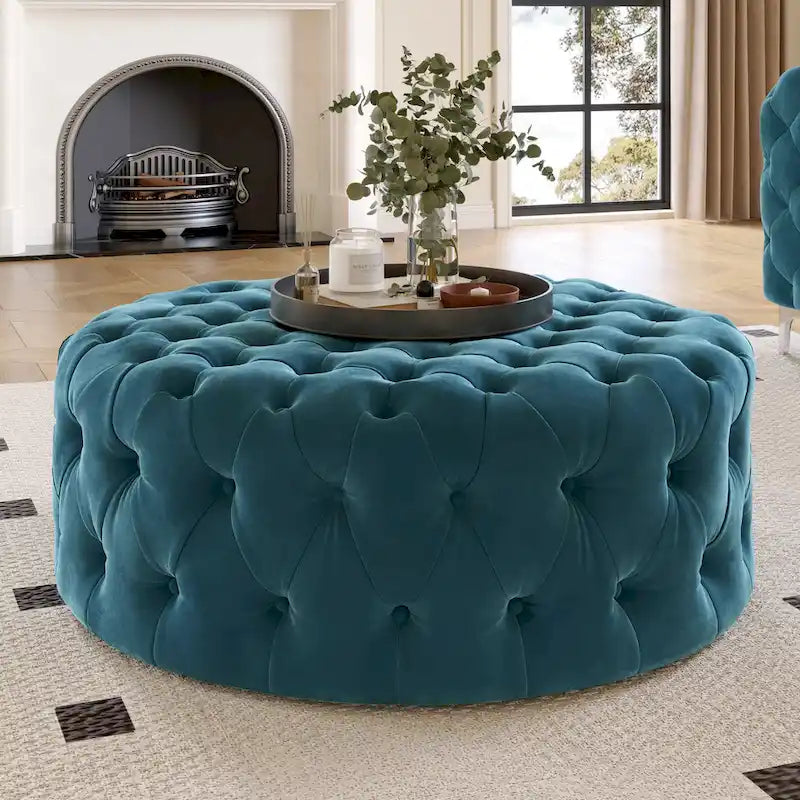 Round Tufted Velvet Ottoman with Casters, 3 Colors